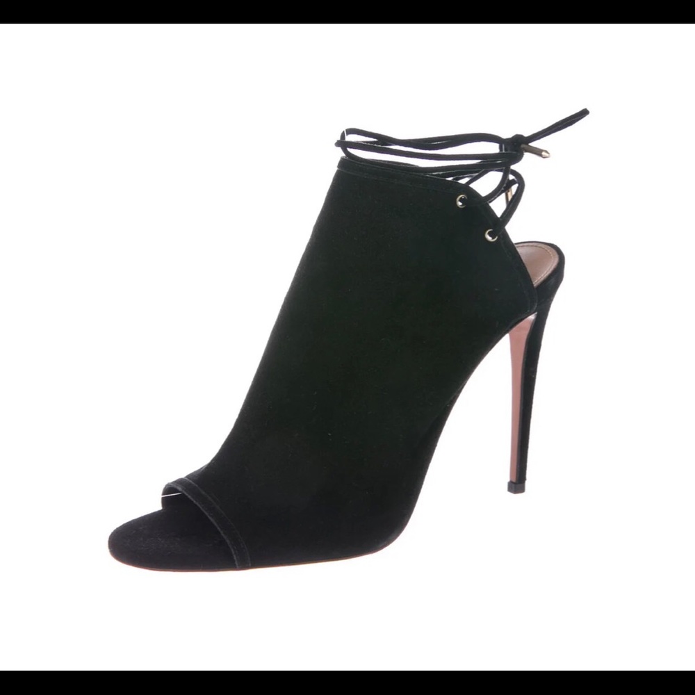 Aquazzura black suede lace up 4.75” heels sz 8.5.